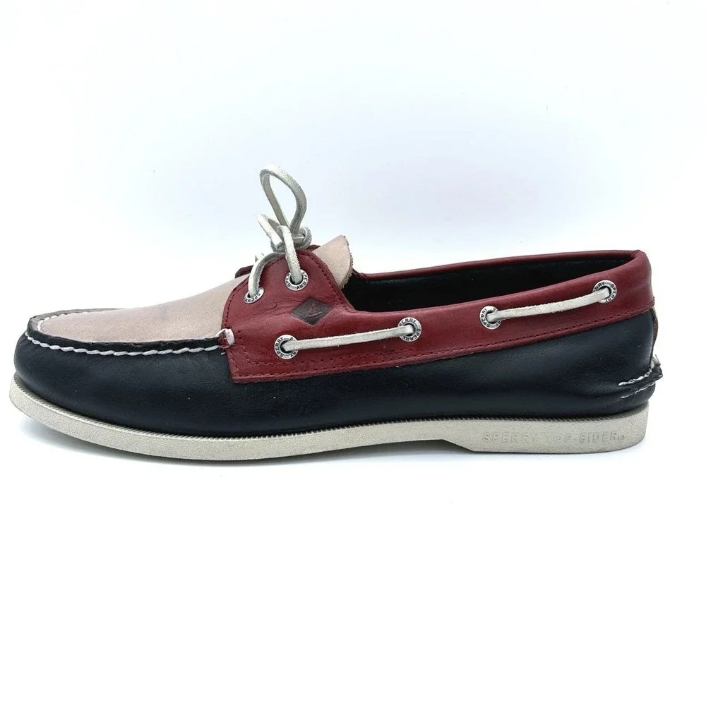 Sperry Top-Sider Men's 10.5M Blue Red Beige Leather Boat Shoes STS14045